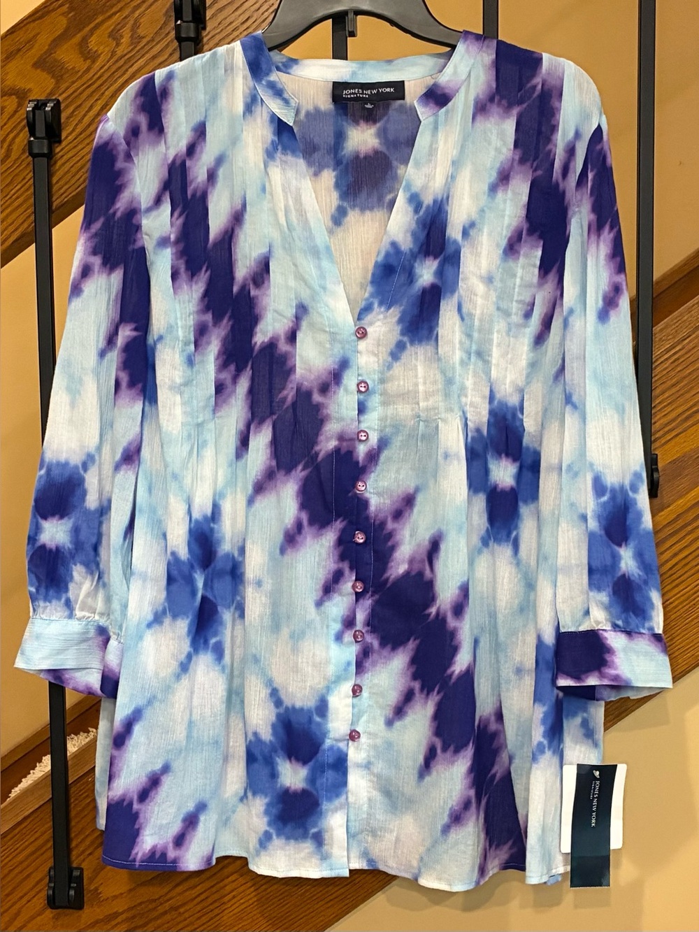 Jones New York Blouse Tie-Dye Tunic Button Front tropical blue SZ. L. NWT
